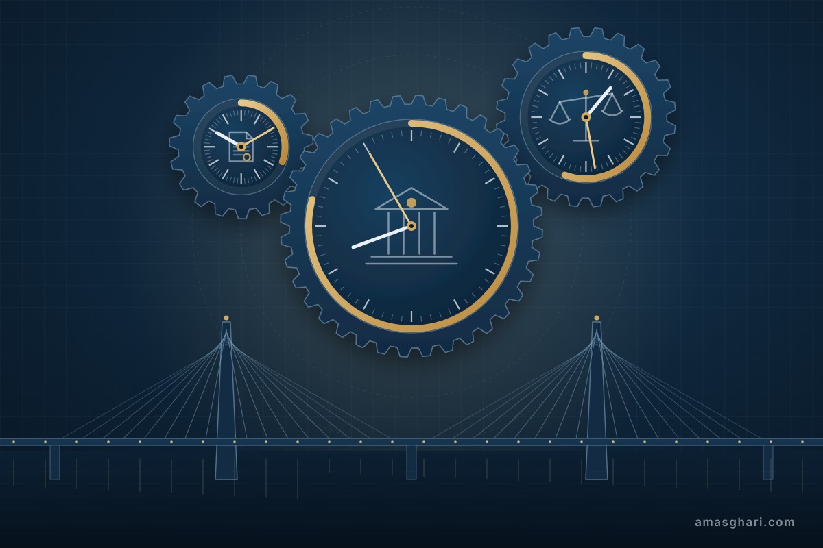 Three interlocking clock gears – a contract, scales of justice and a bank – turning above a cable-stayed bridge, symbolising the claim, dispute and financing deadlines on World Bank-financed FIDIC contracts