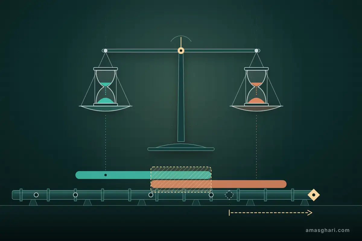 A level balance scale weighing two equal hourglasses, one teal for Employer delay and one copper for Contractor delay, above a pipeline critical path where their delay windows overlap and push completion out