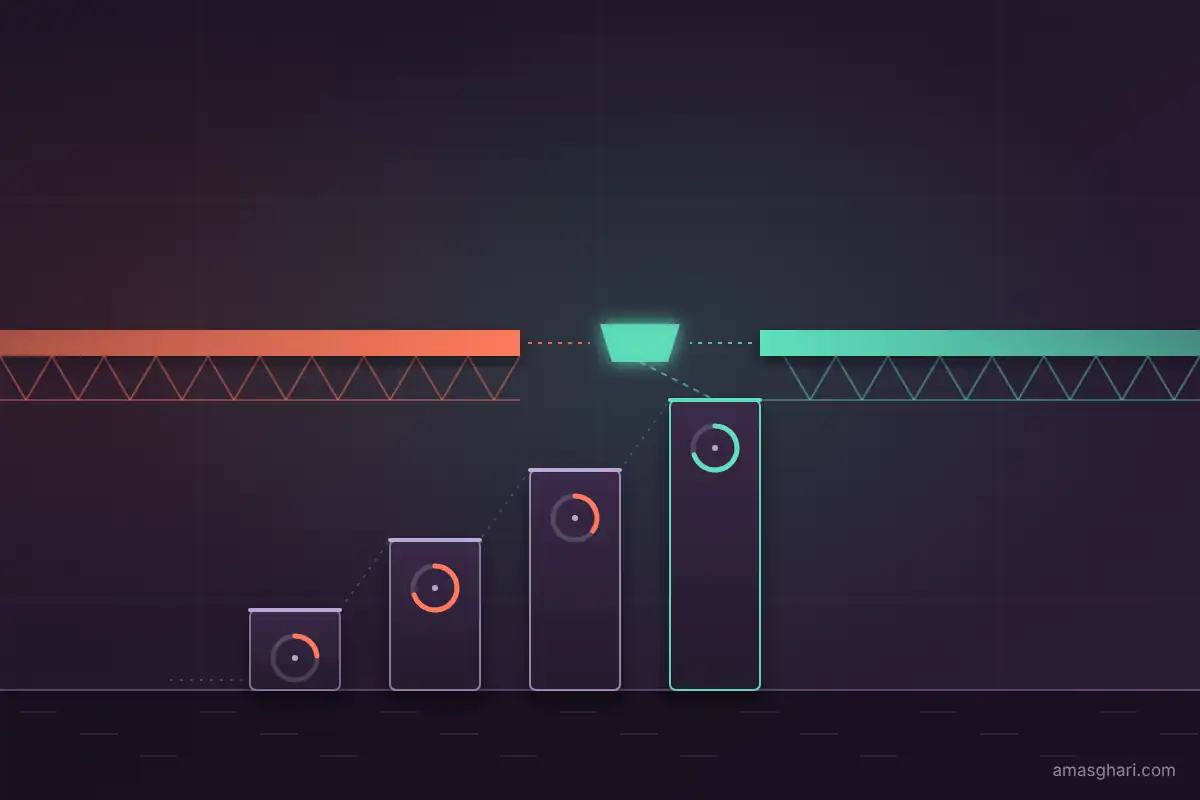 Two bridge cantilevers in coral and mint approach each other over a gap, closed by a glowing keystone above four stepped piers marked with countdown dials.